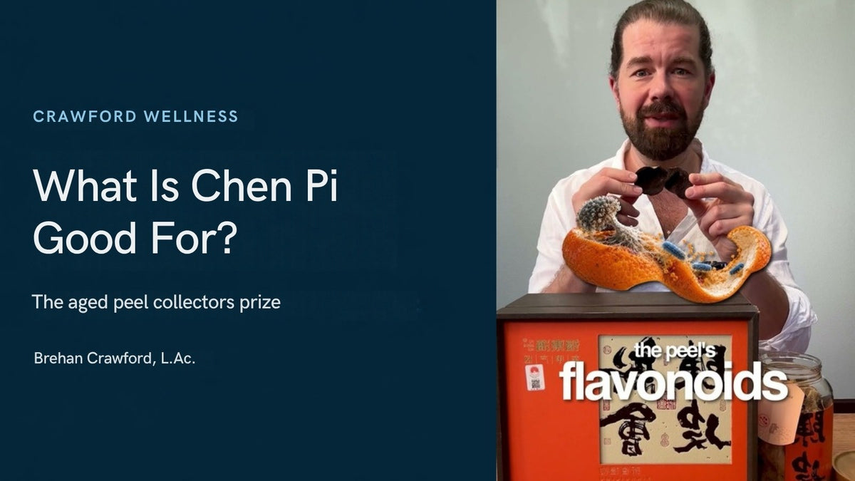 What is chen pi good for: Brehan Crawford, L.Ac., holding a whole piece of aged tangerine peel above its gift box