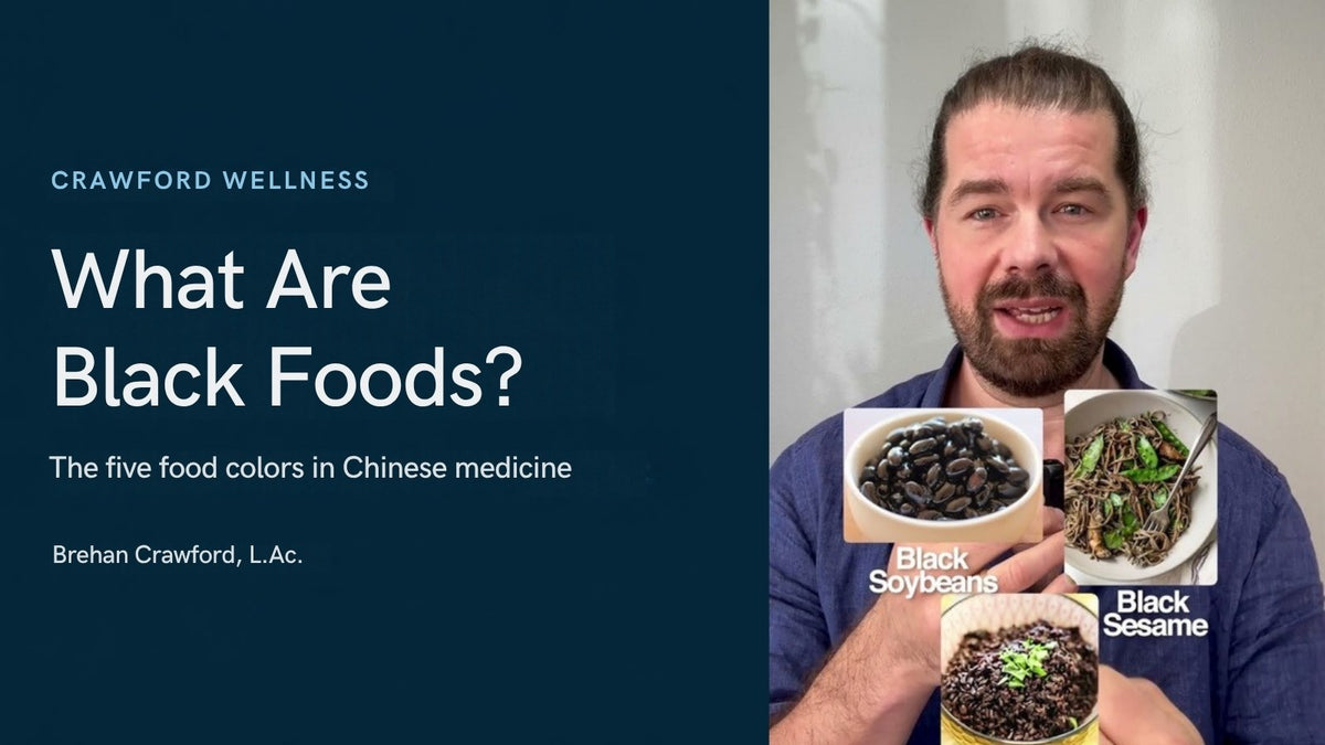 What are black foods in Chinese medicine? Brehan Crawford, L.Ac., with black soybeans, black sesame and black rice in his video on the five food colors