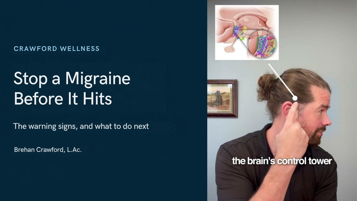 How to stop a migraine before it starts: Brehan Crawford, L.Ac., pointing to his head beside a diagram of the hypothalamus