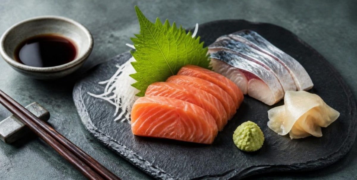 Sashimi plate with a fresh shiso leaf, grated wasabi and pickled ginger, the botanicals that protect against parasites from sushi