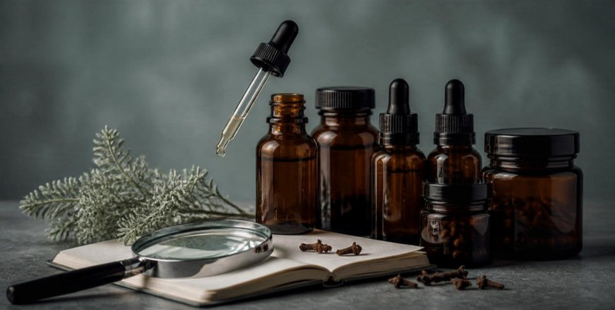 Amber herbal tincture bottles examined under a magnifying glass, the parasite cleanse products this article scrutinises
