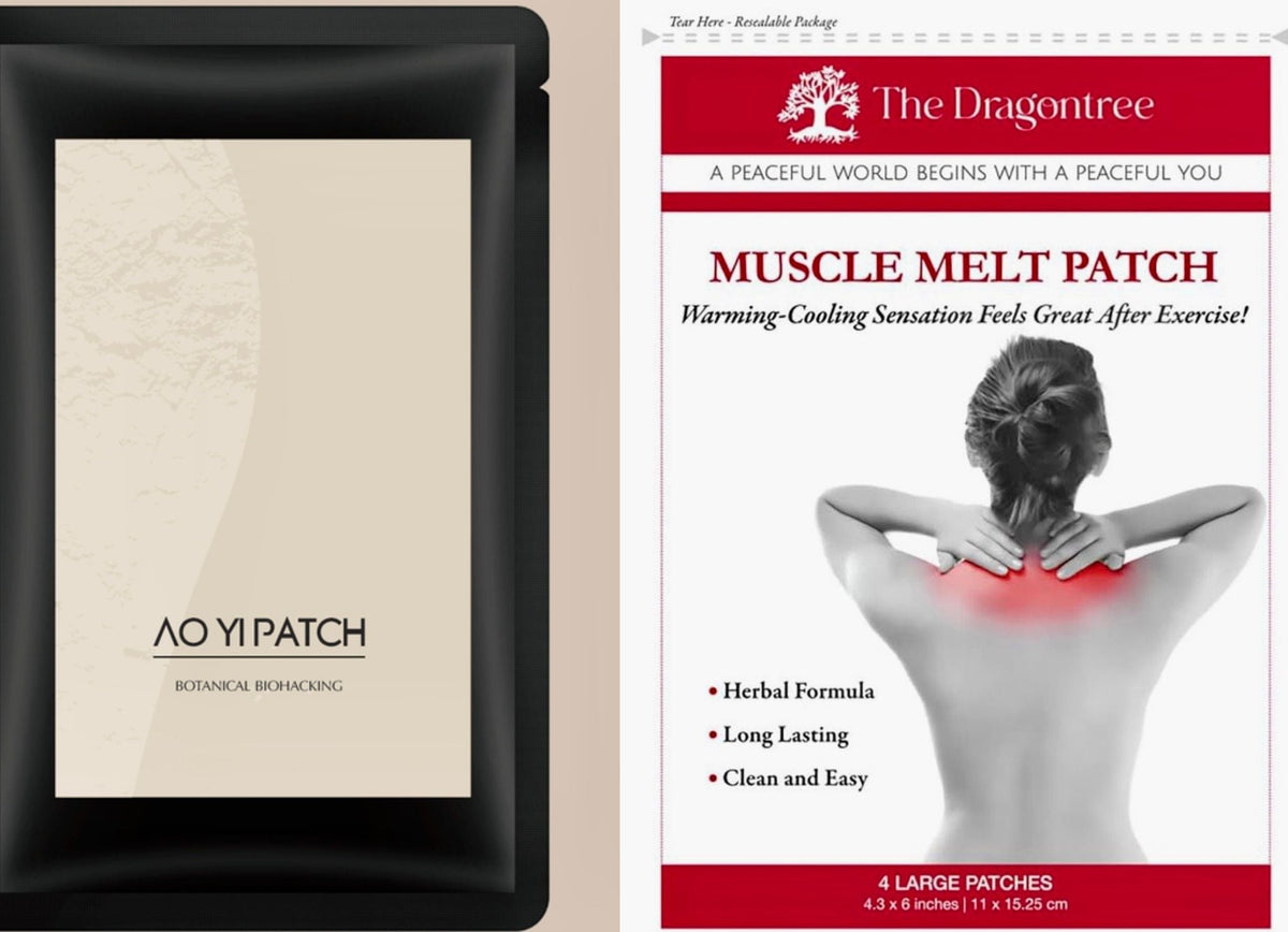 AO YI PATCH packaging on the left and DRAGONTREE Muscle Melt Patch packaging on the right.