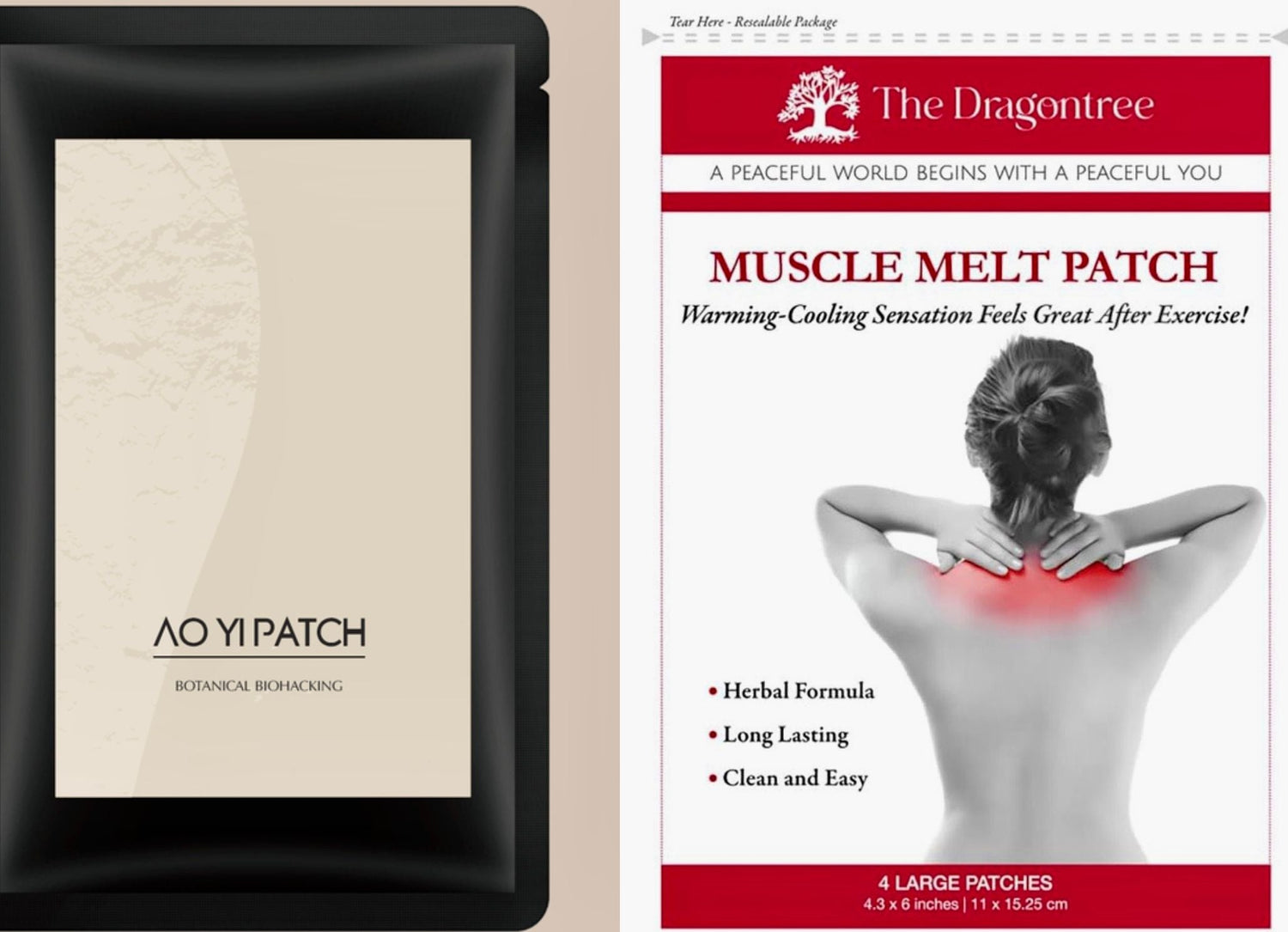 AO YI PATCH packaging on the left and DRAGONTREE Muscle Melt Patch packaging on the right.
