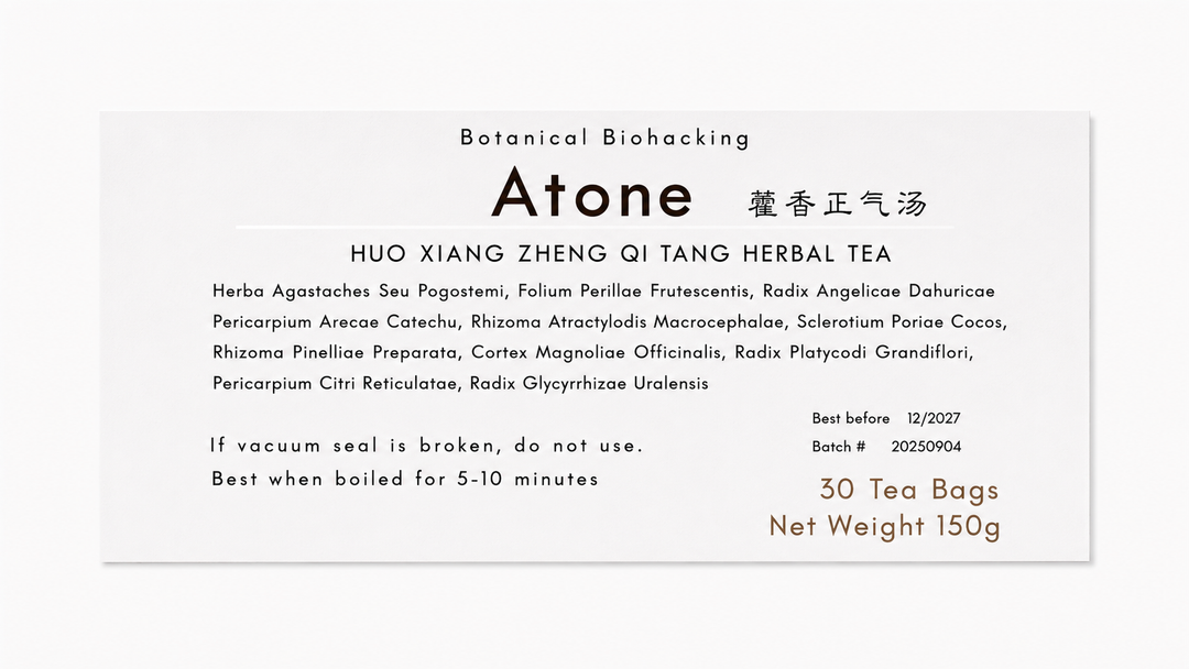 Close-up of the Atone (Huo Xiang Zheng Qi Tang) herbal tea product label from Crawford Wellness, showing ingredients and brewing instructions on a light background.