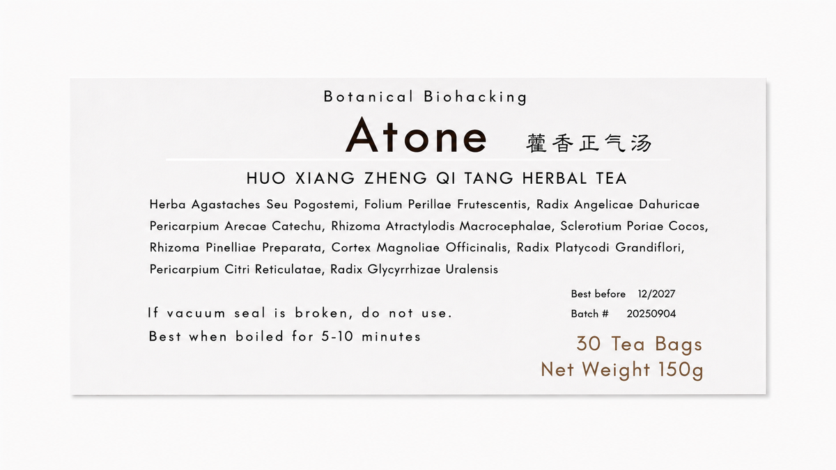 Close-up of the Atone (Huo Xiang Zheng Qi Tang) herbal tea product label from Crawford Wellness, showing ingredients and brewing instructions on a light background.