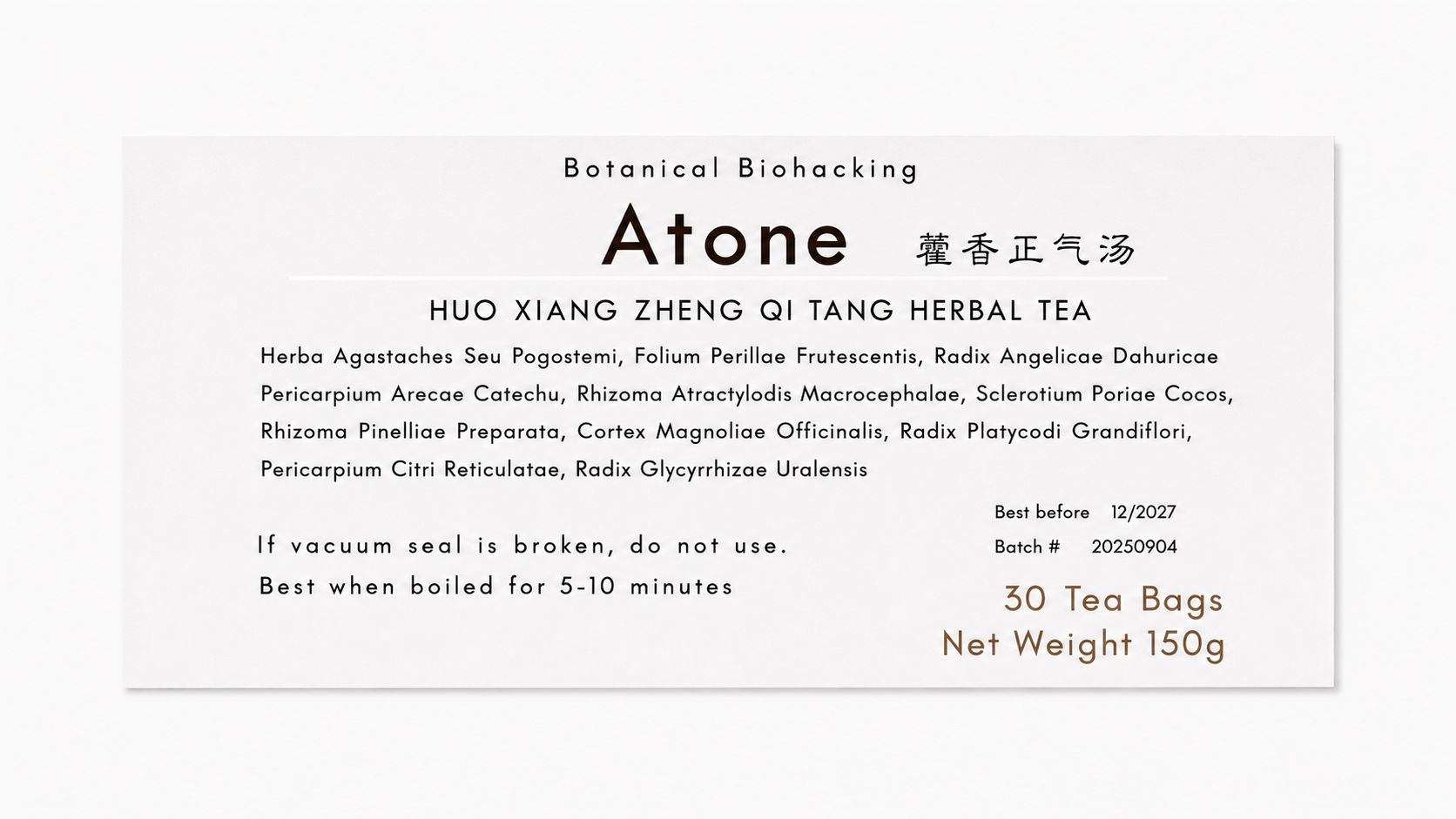 Close-up of the Atone (Huo Xiang Zheng Qi Tang) herbal tea product label from Crawford Wellness, showing ingredients and brewing instructions on a light background.