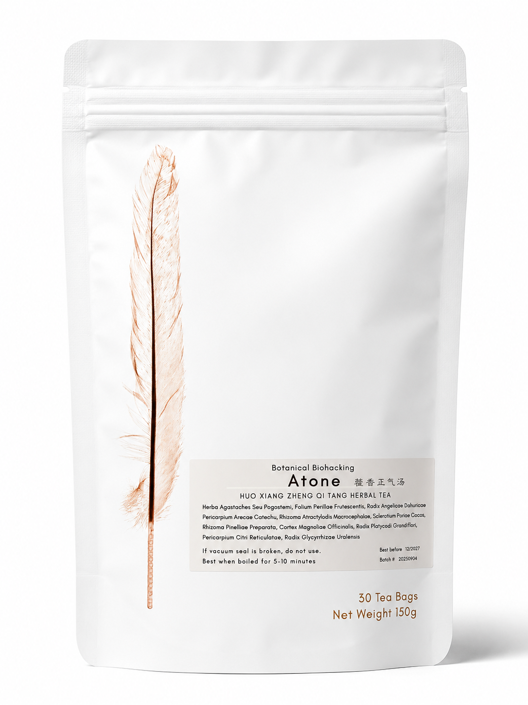 Atone herbal tea (Huo Xiang Zheng Qi Tang) from Crawford Wellness, with a white label, in a white stand-up pouch on a plain white background.