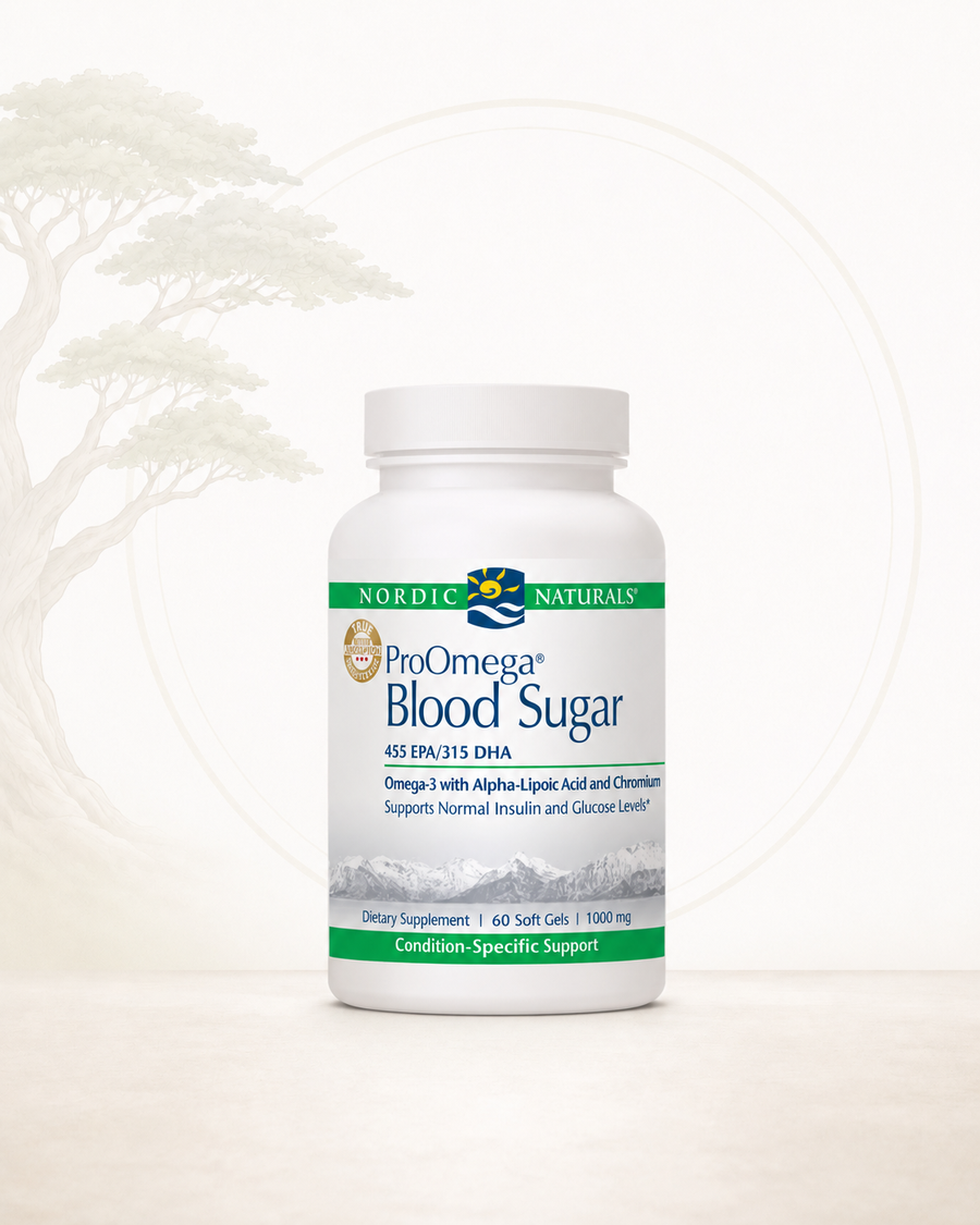 Nordic Naturals ProOmega Blood Sugar supplement bottle on a white background