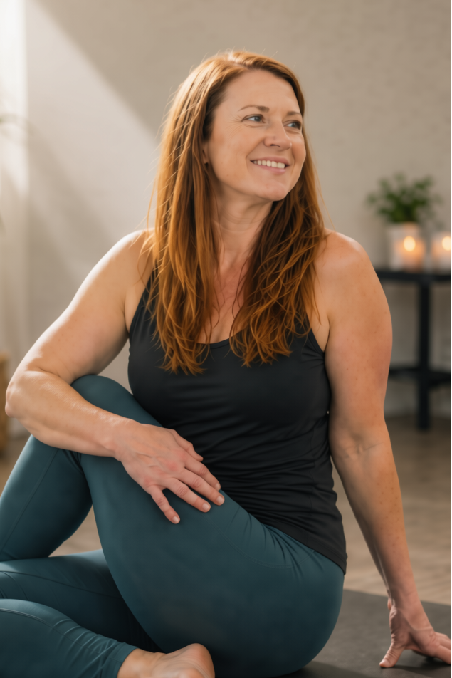 A woman with long red hair sits cross-legged on a yoga mat in a bright indoor room, wearing a black tank top and teal leggings.