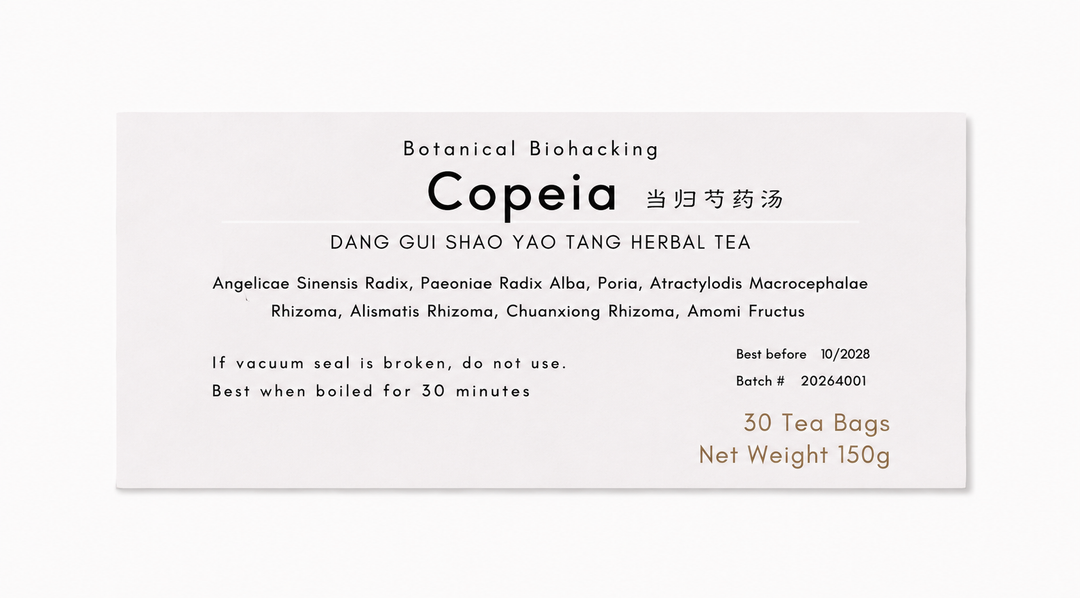 Close-up of the Copeia (Dang Gui Shao Yao Tang) herbal tea product label from Crawford Wellness, showing ingredients and brewing instructions on a light background.
