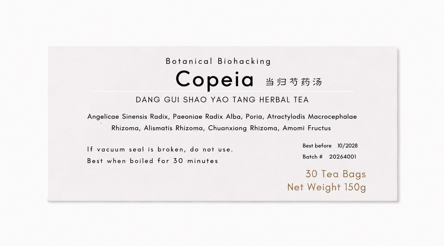 Close-up of the Copeia (Dang Gui Shao Yao Tang) herbal tea product label from Crawford Wellness, showing ingredients and brewing instructions on a light background.