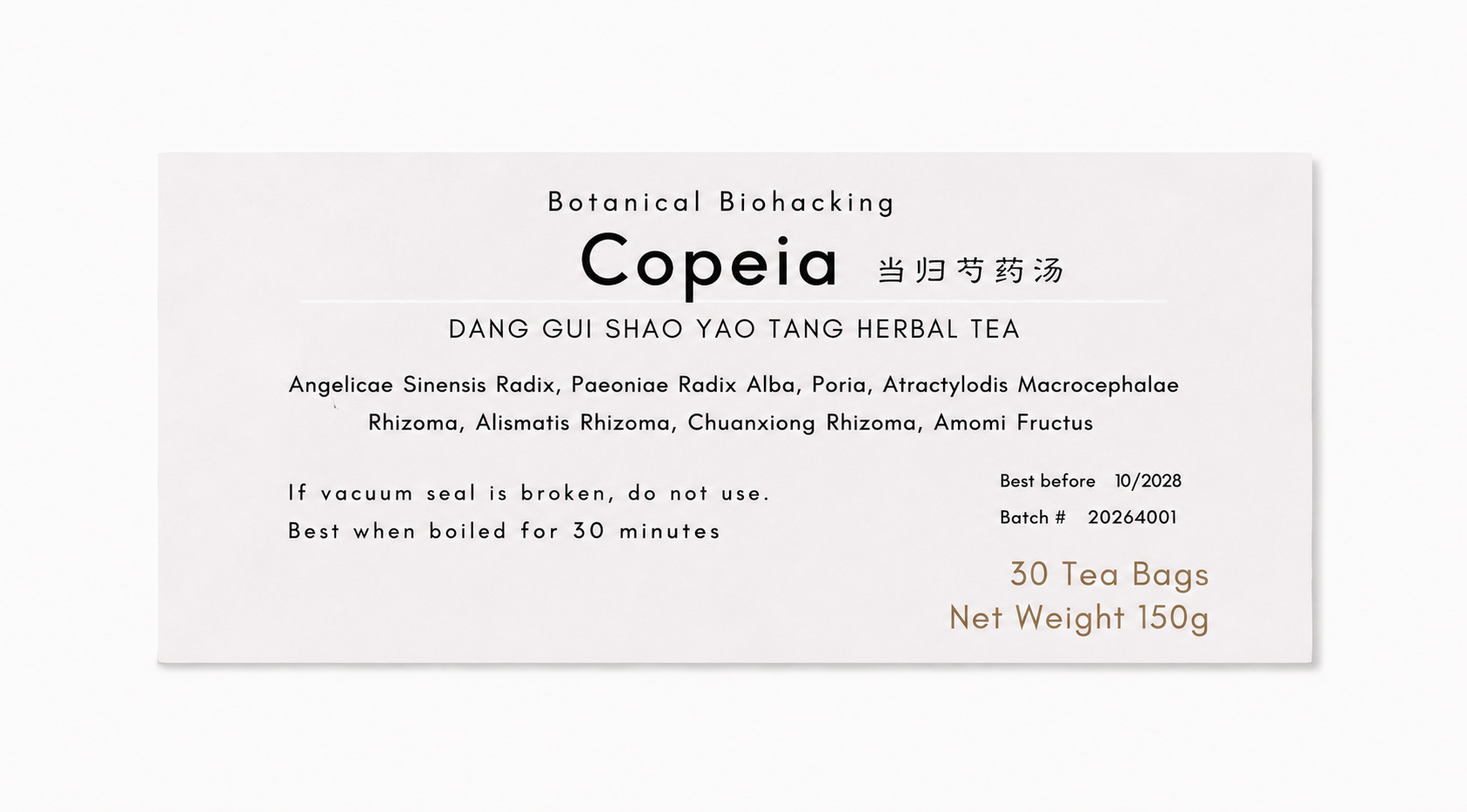 Close-up of the Copeia (Dang Gui Shao Yao Tang) herbal tea product label from Crawford Wellness, showing ingredients and brewing instructions on a light background.