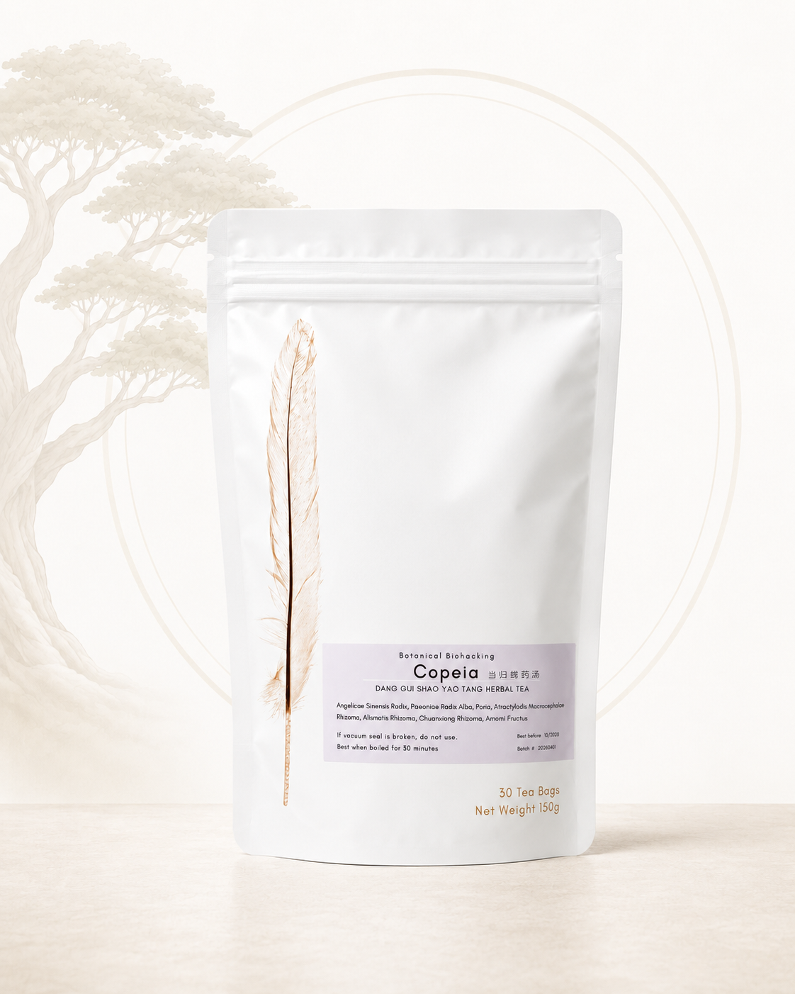 Copeia herbal tea (Dang Gui Shao Yao Tang) from Crawford Wellness, with a lavender label, in a white stand-up pouch on a sage green background.