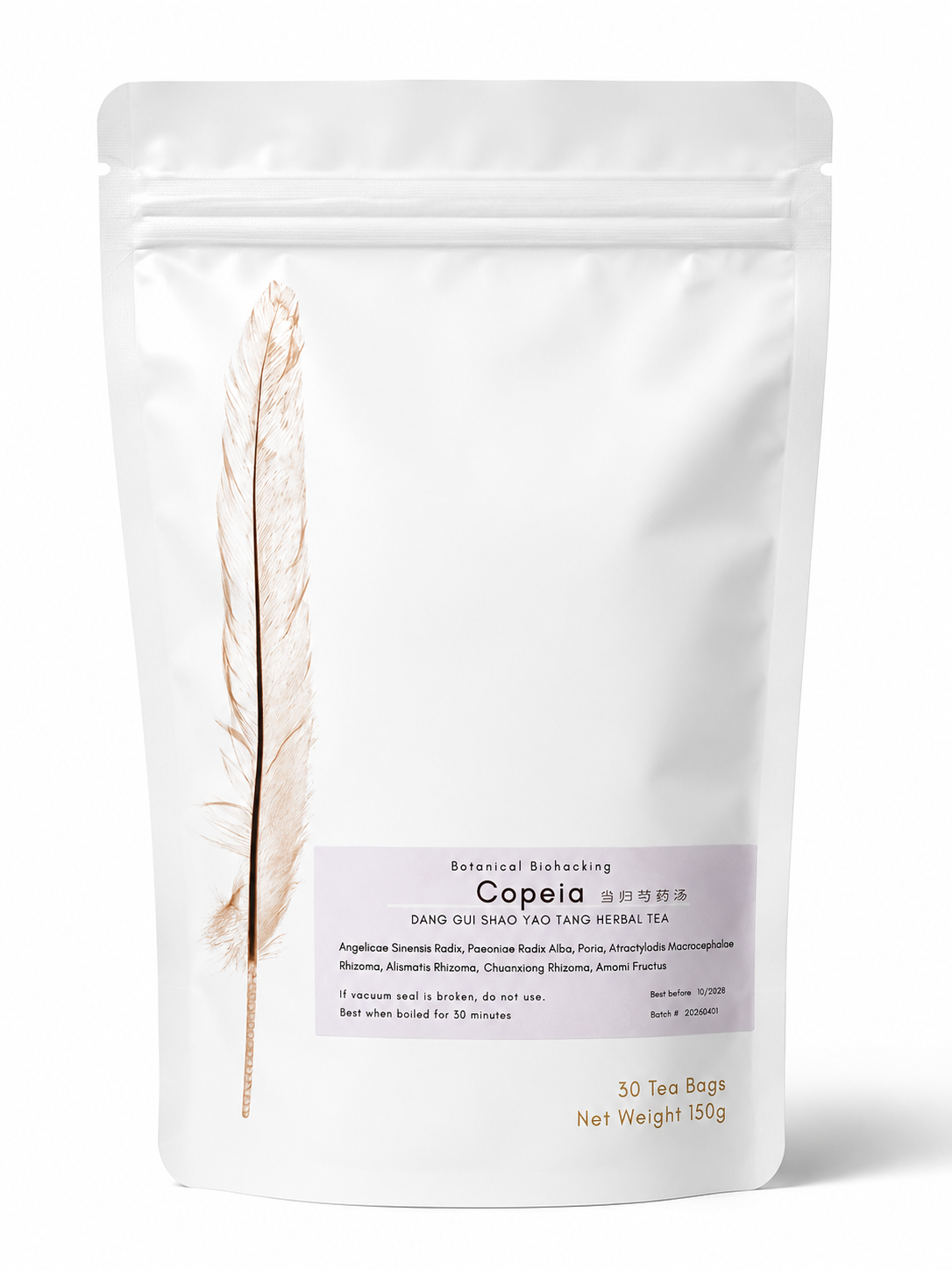 Copeia herbal tea (Dang Gui Shao Yao Tang) from Crawford Wellness, with a lavender label, in a white stand-up pouch on a plain white background.