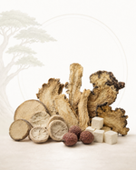 Collection of dried herbs and roots on a white background