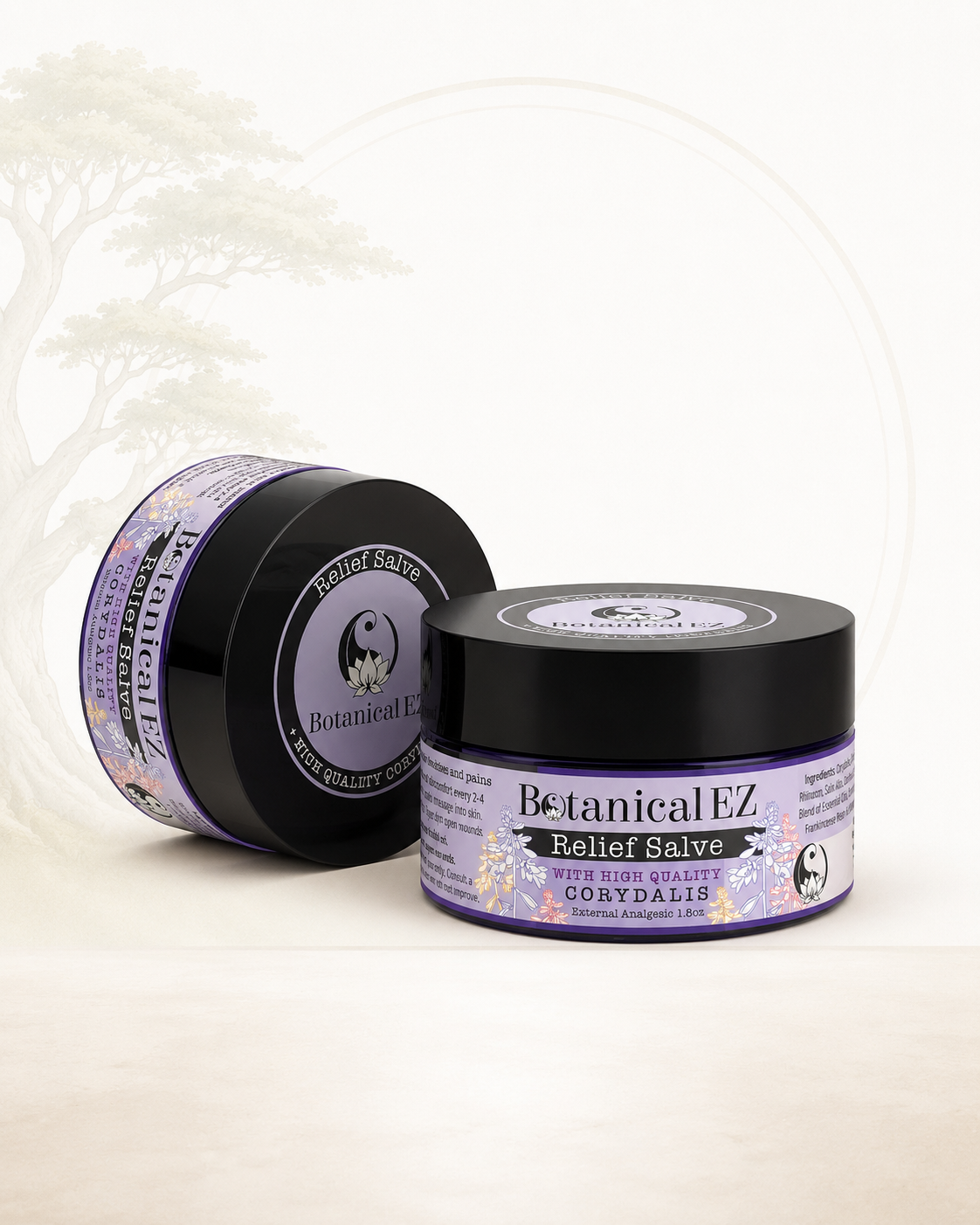 Two jars of Botanical EZ Relief Salve on a white background