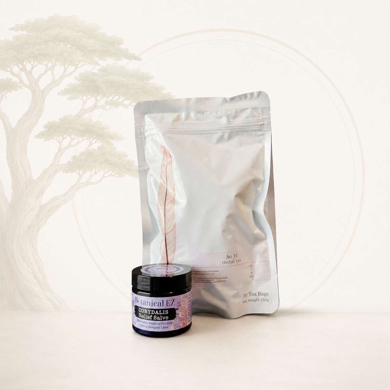 Jar of salve and a white pouch on a light background