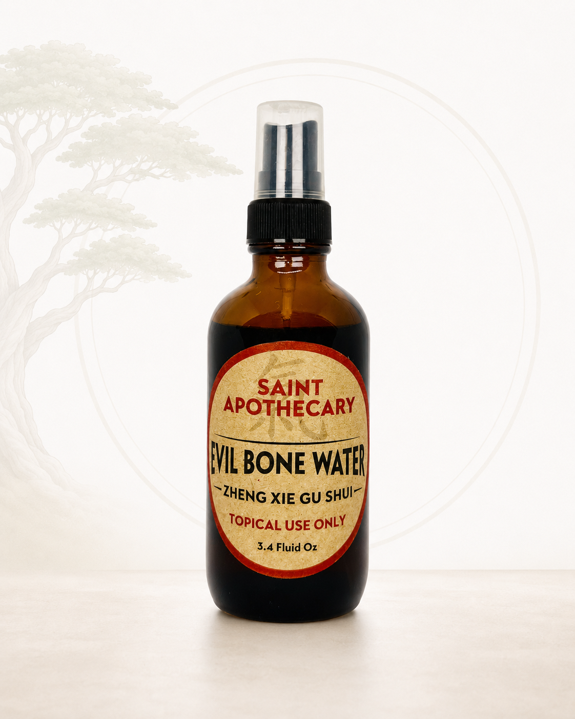Bottle of Saint Apothecary Evil Bone Water on a white background