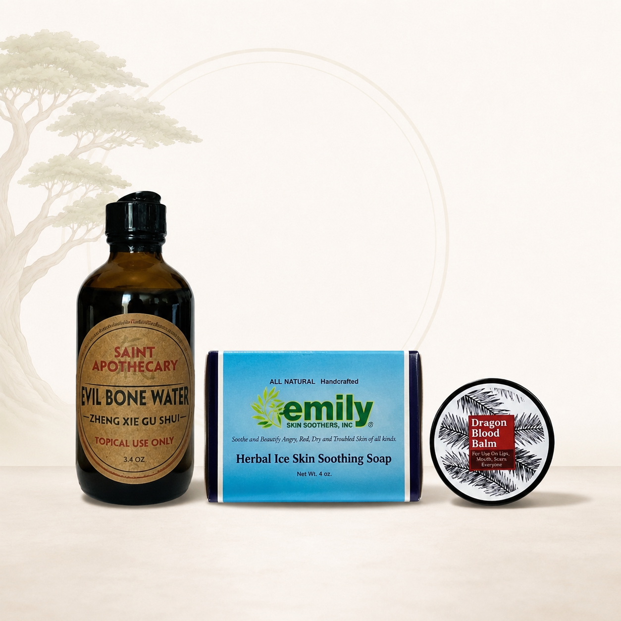 Three natural products including a bottle, soap bar, and balm on a white background