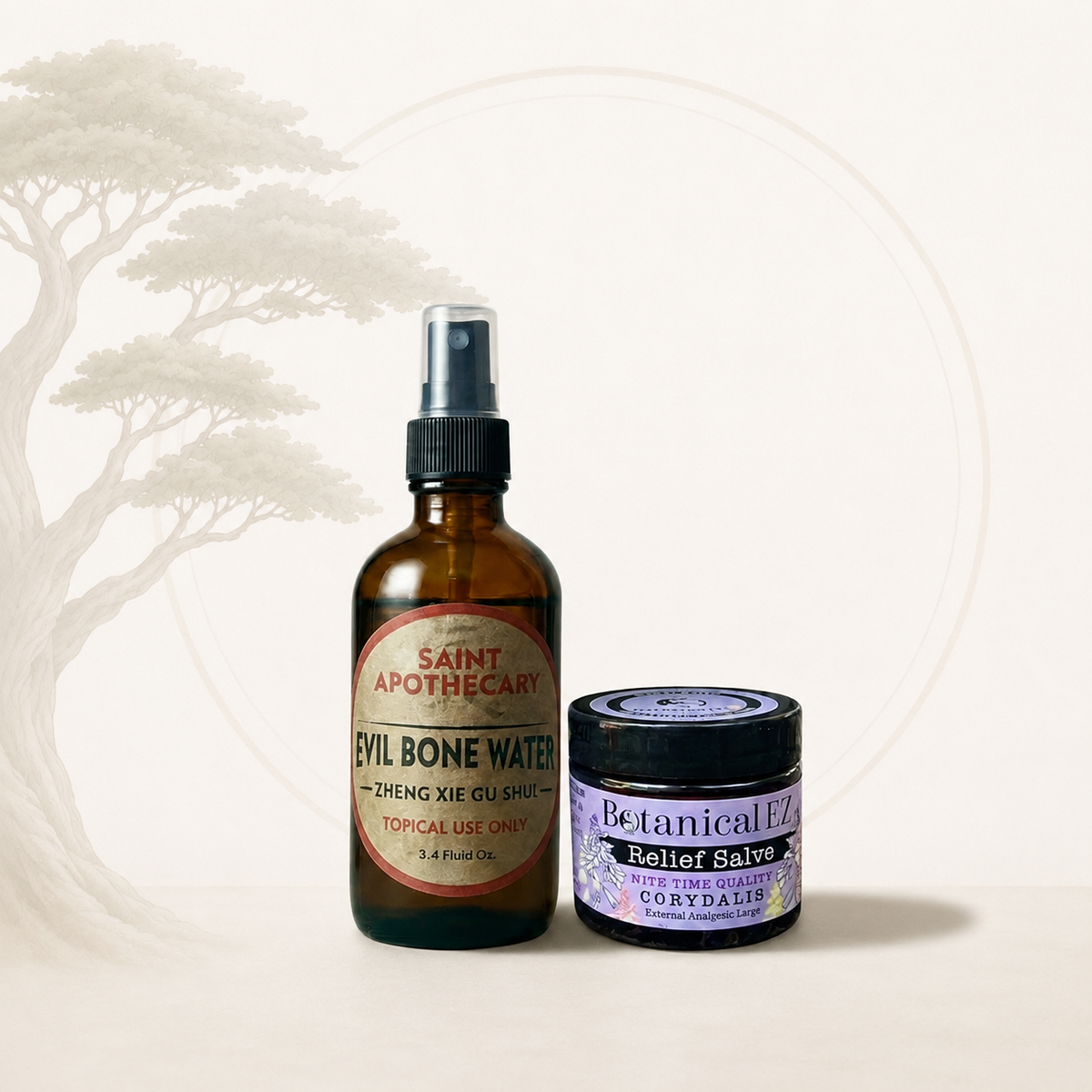 Two bottles of natural remedies, one labeled 'Saint Apothecary' and the other 'Botanical FX', on a white background.