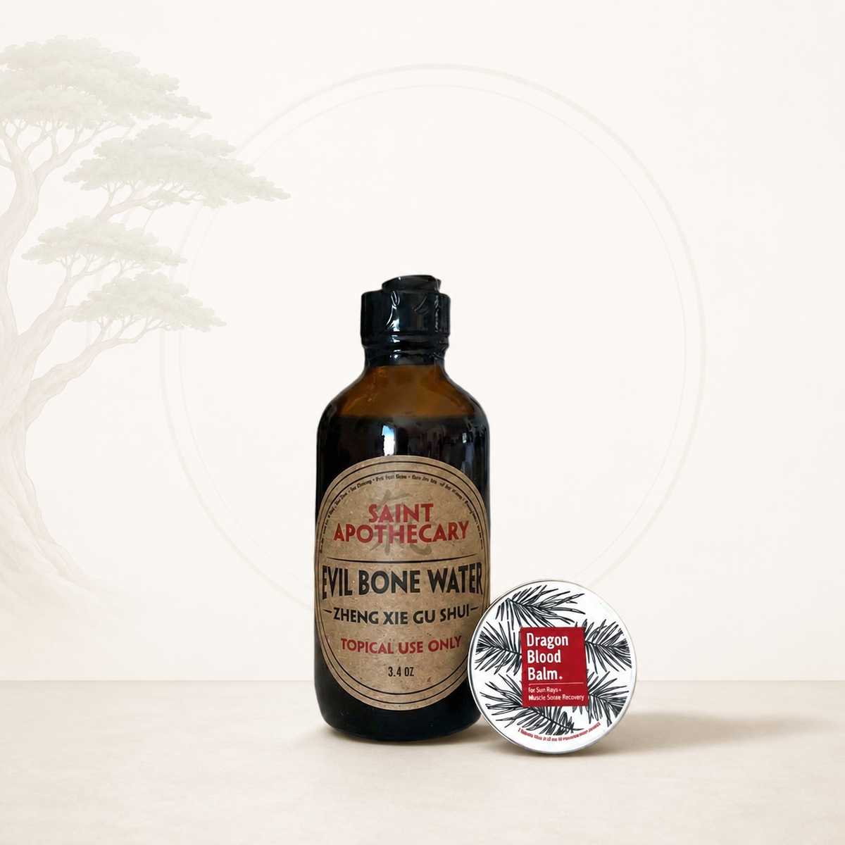 Bottle of Saint Apothecary Evil Bone Water with a smaller container labeled 'Dragon Blood' on a white background.