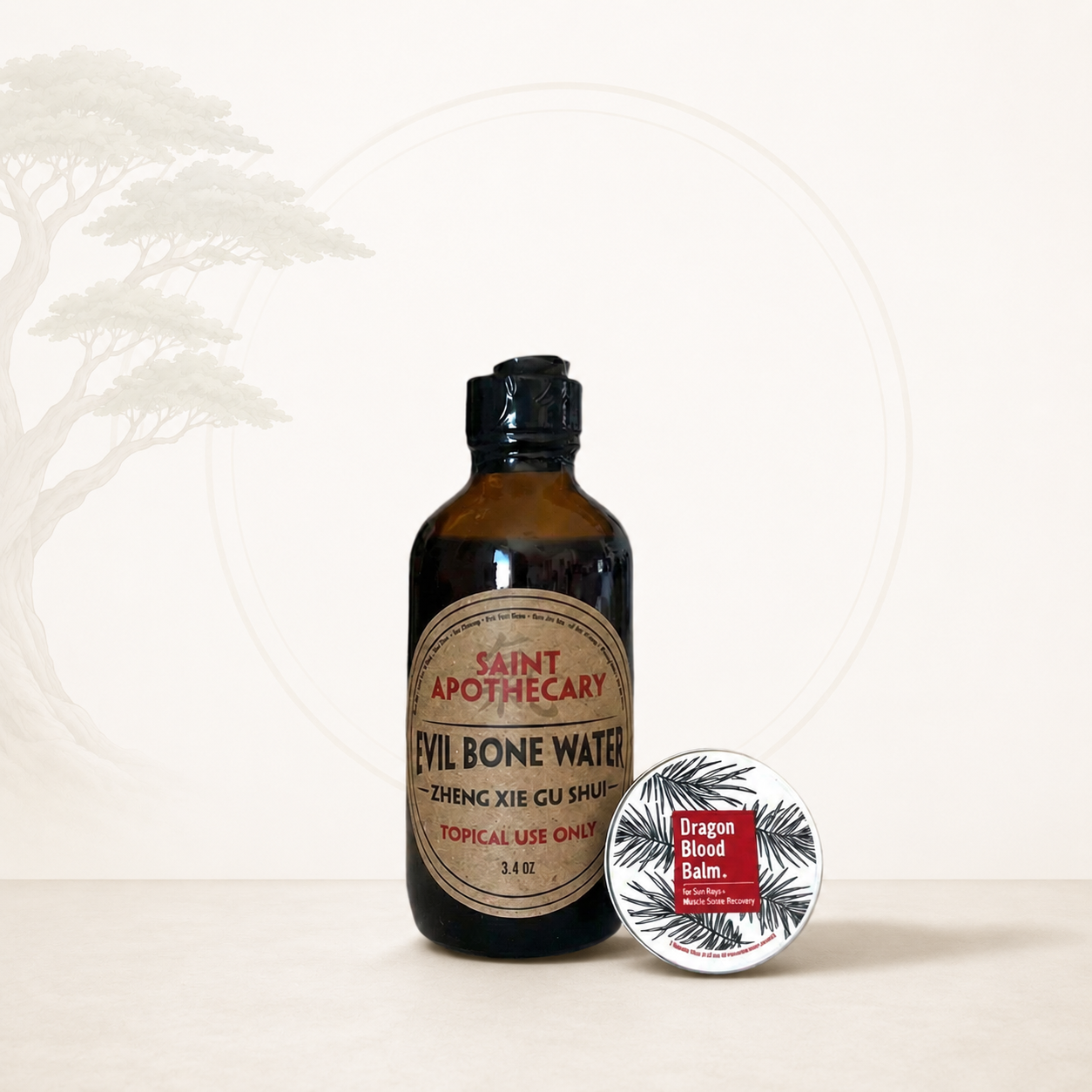 Bottle of Saint Apothecary Evil Bone Water with a smaller container labeled 'Dragon Blood' on a white background.