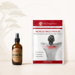 Bottle of 'Saint Apothecary' Devil Bone Water and 'The Dragontree' Muscle Melt Patch on a white background