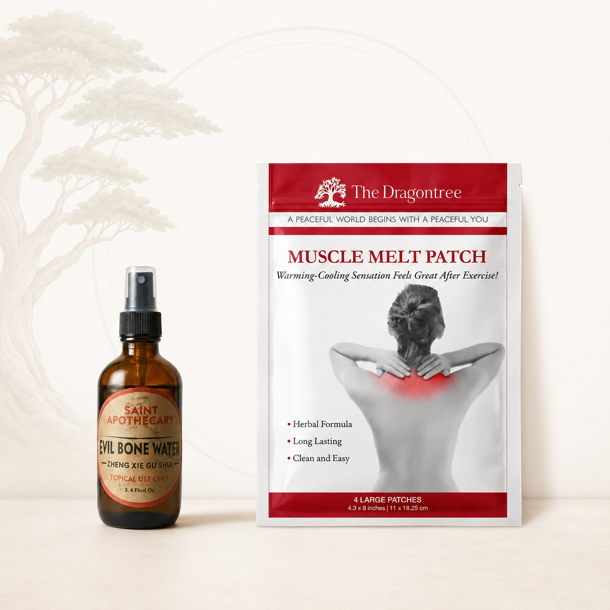 Bottle of 'Saint Apothecary' Devil Bone Water and 'The Dragontree' Muscle Melt Patch on a white background