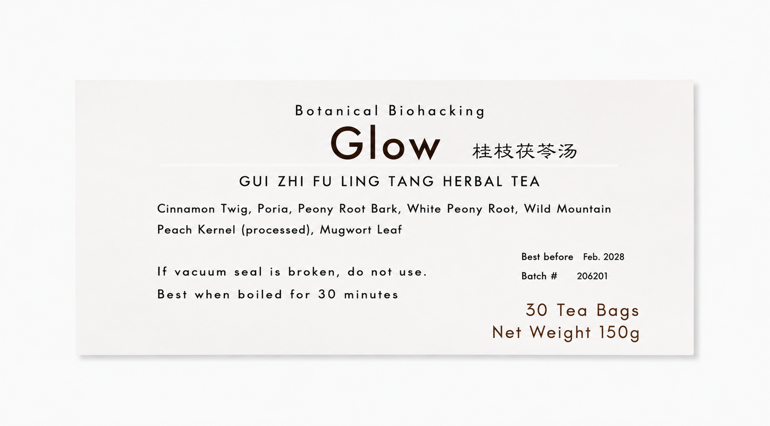 Close-up of the Glow (Gui Zhi Fu Ling Tang) herbal tea product label from Crawford Wellness, showing ingredients and brewing instructions on a light background.