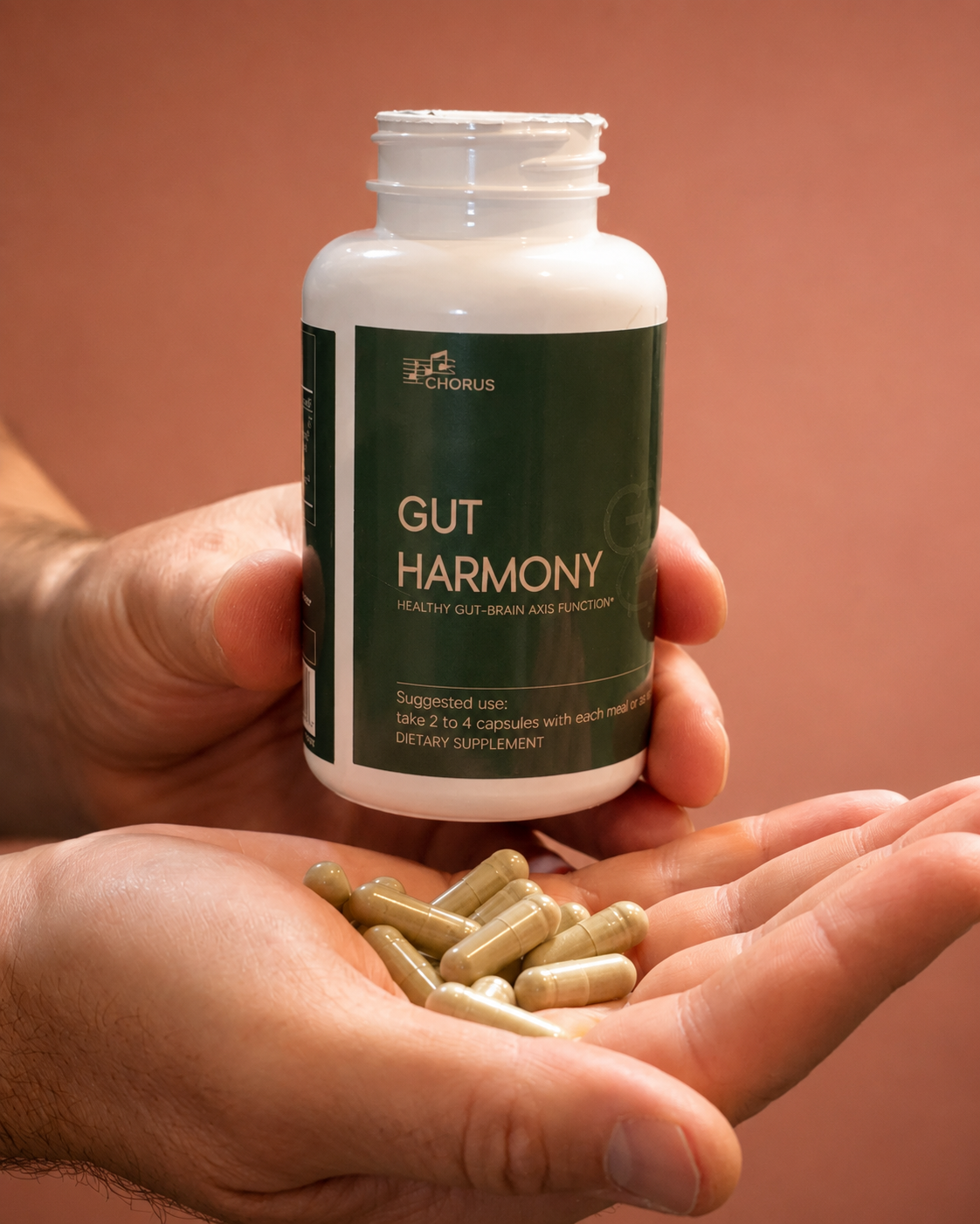 A person holds an open white bottle labeled 'GUT HARMONY' with several beige capsules resting in their open palm against a warm terracotta background.