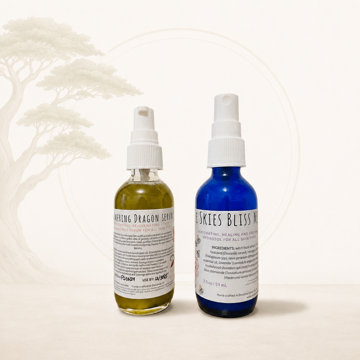 Two bottles of 'Healing Dragon Serum' and 'Skies Bliss Mist' on a light background