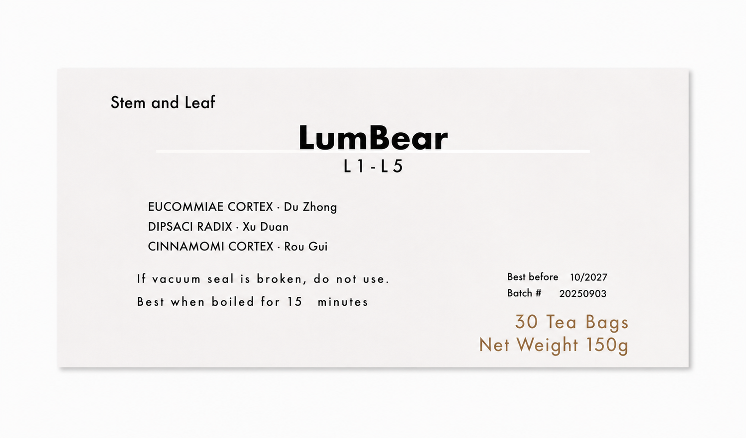 Close-up of the LumBear (L1-L5 formula) herbal tea product label from Crawford Wellness, showing ingredients and brewing instructions on a light background.