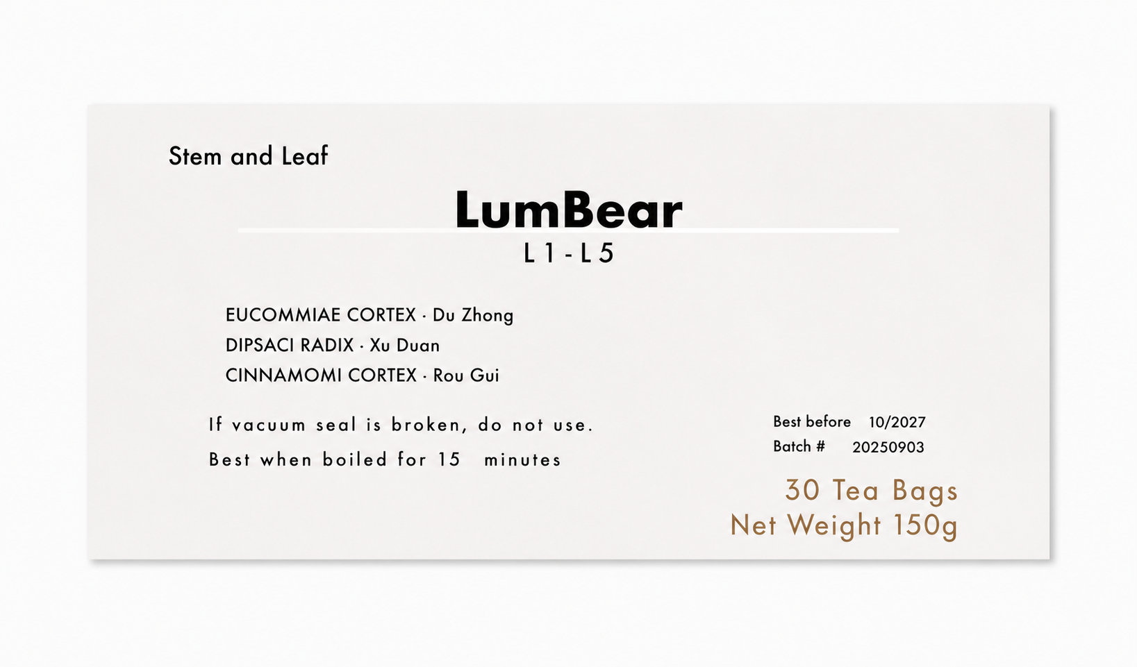 Close-up of the LumBear (L1-L5 formula) herbal tea product label from Crawford Wellness, showing ingredients and brewing instructions on a light background.