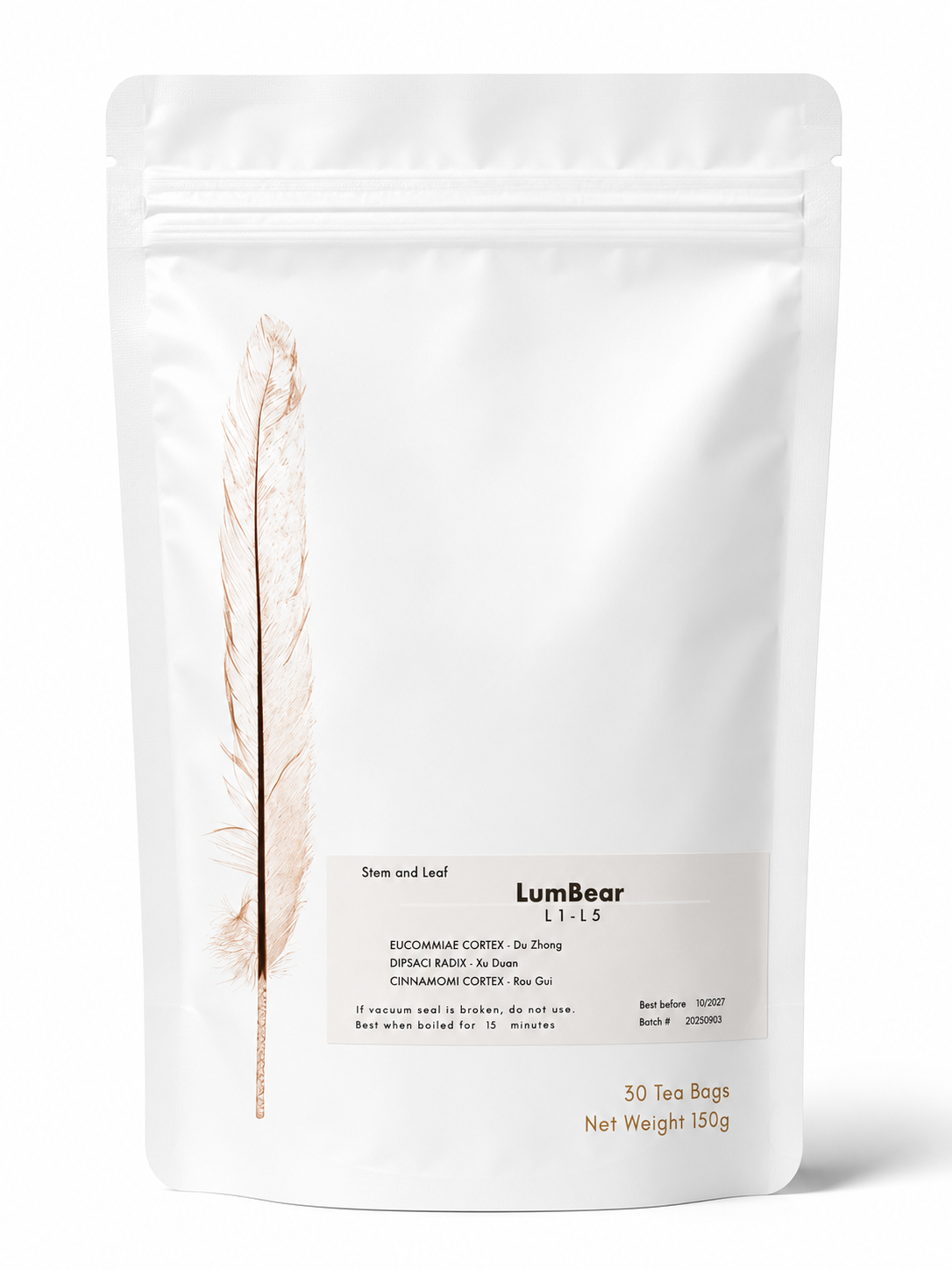LumBear herbal tea (L1-L5 formula) from Crawford Wellness, with a white label, in a white stand-up pouch on a plain white background.