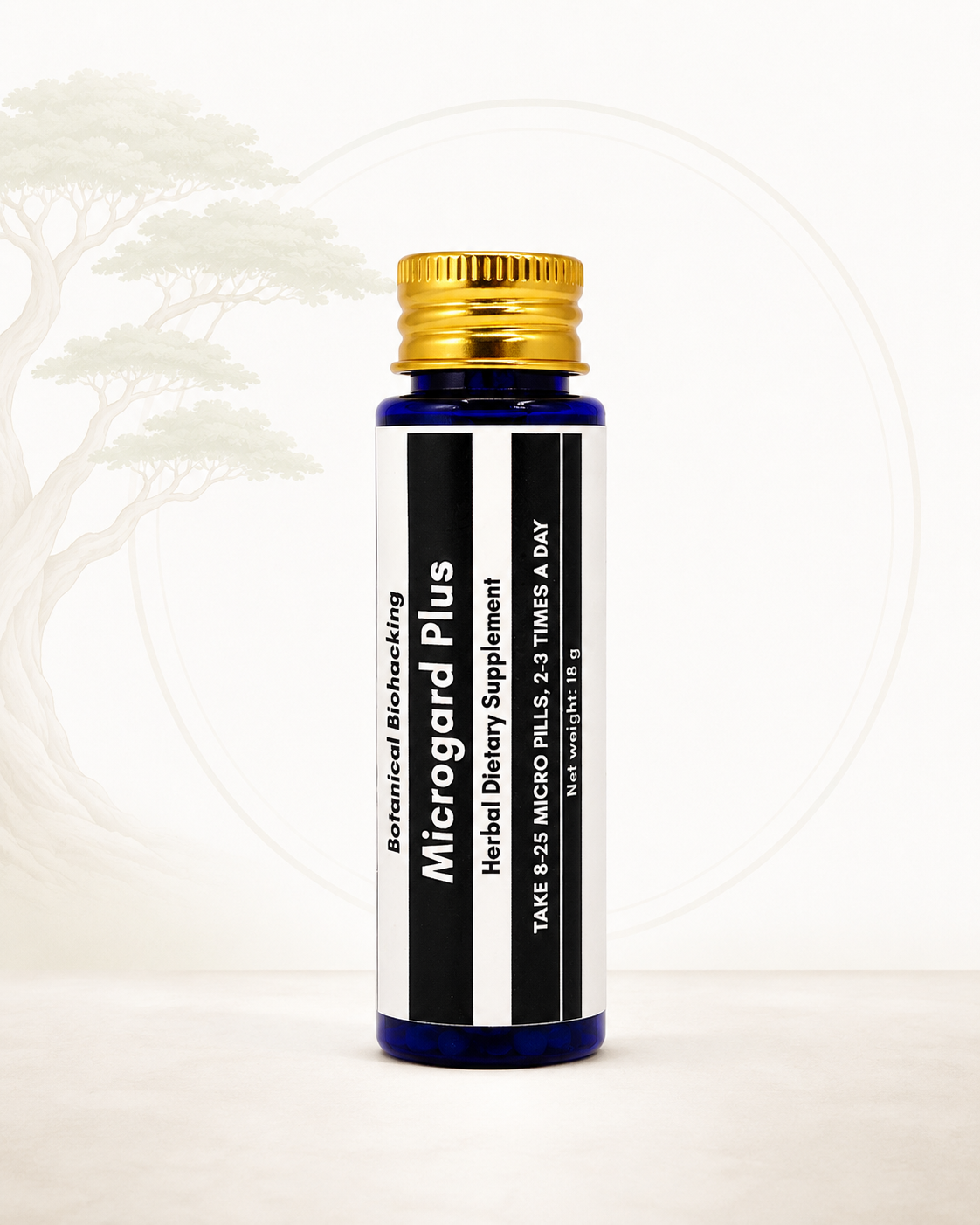 Bottle of Microgard Plus supplement with a gold cap on a white background