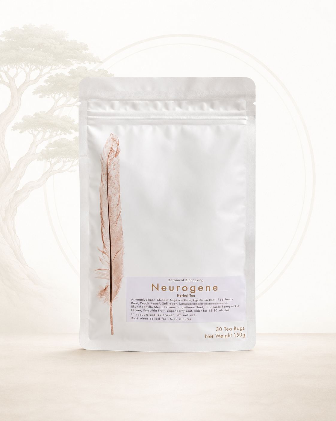 Neurogene tea package with a feather on a light background