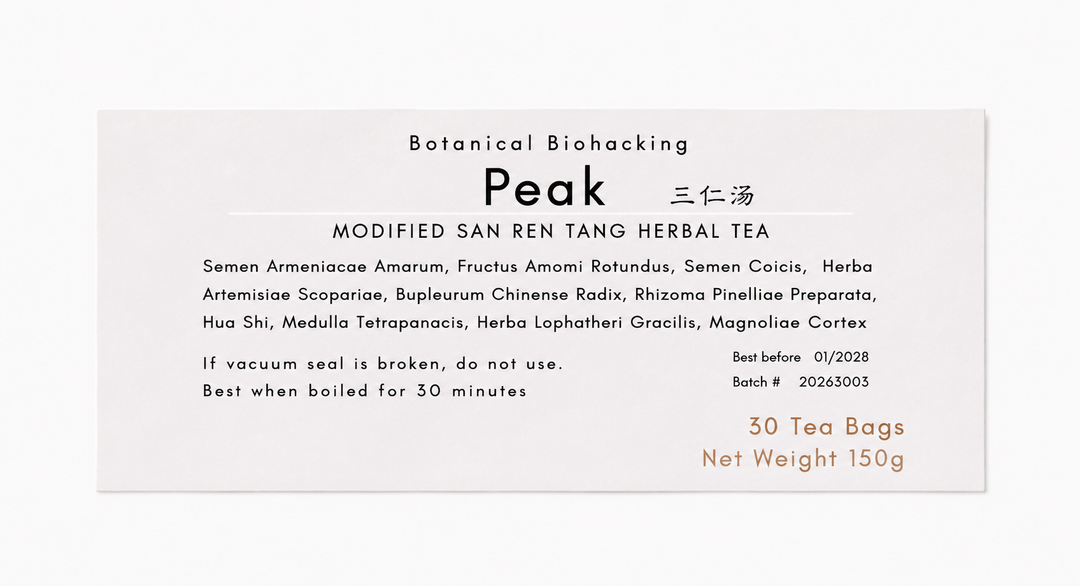 Close-up of the Peak (Modified San Ren Tang) herbal tea product label from Crawford Wellness, showing ingredients and brewing instructions on a light background.