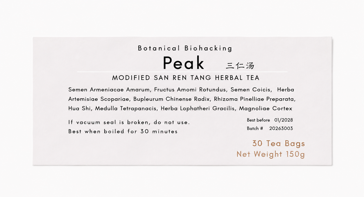 Close-up of the Peak (Modified San Ren Tang) herbal tea product label from Crawford Wellness, showing ingredients and brewing instructions on a light background.
