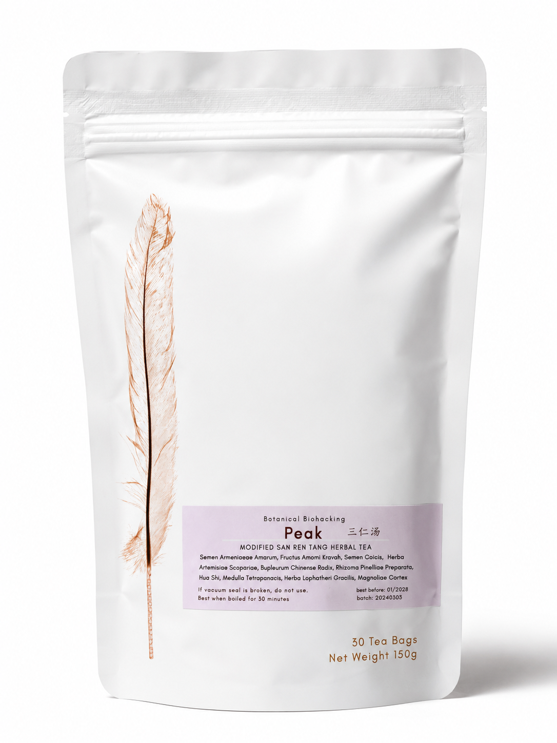Peak herbal tea (Modified San Ren Tang) from Crawford Wellness, with a lavender label, in a white stand-up pouch on a plain white background.