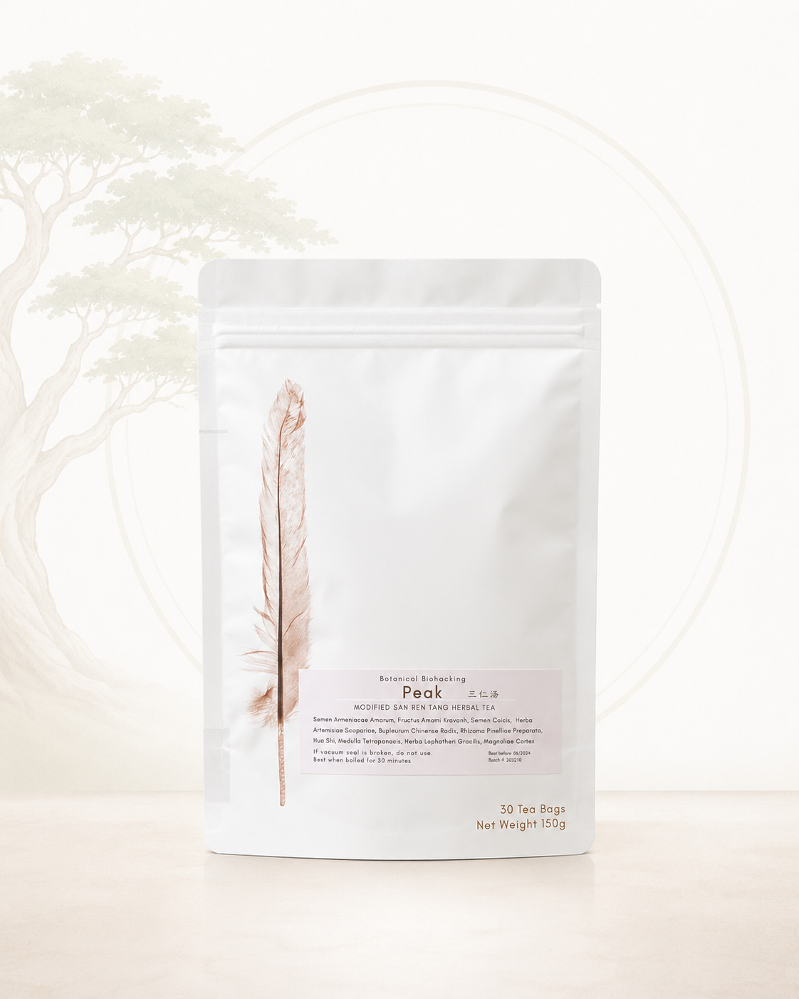 White tea bag package with a feather design on a white background