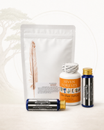 Collection of Seven Forests supplements and other items on a white background