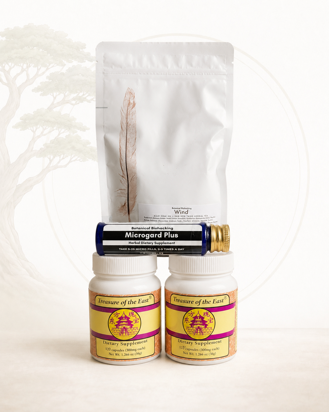 Collection of natural health products including a pouch, bottles, and a tube on a white background