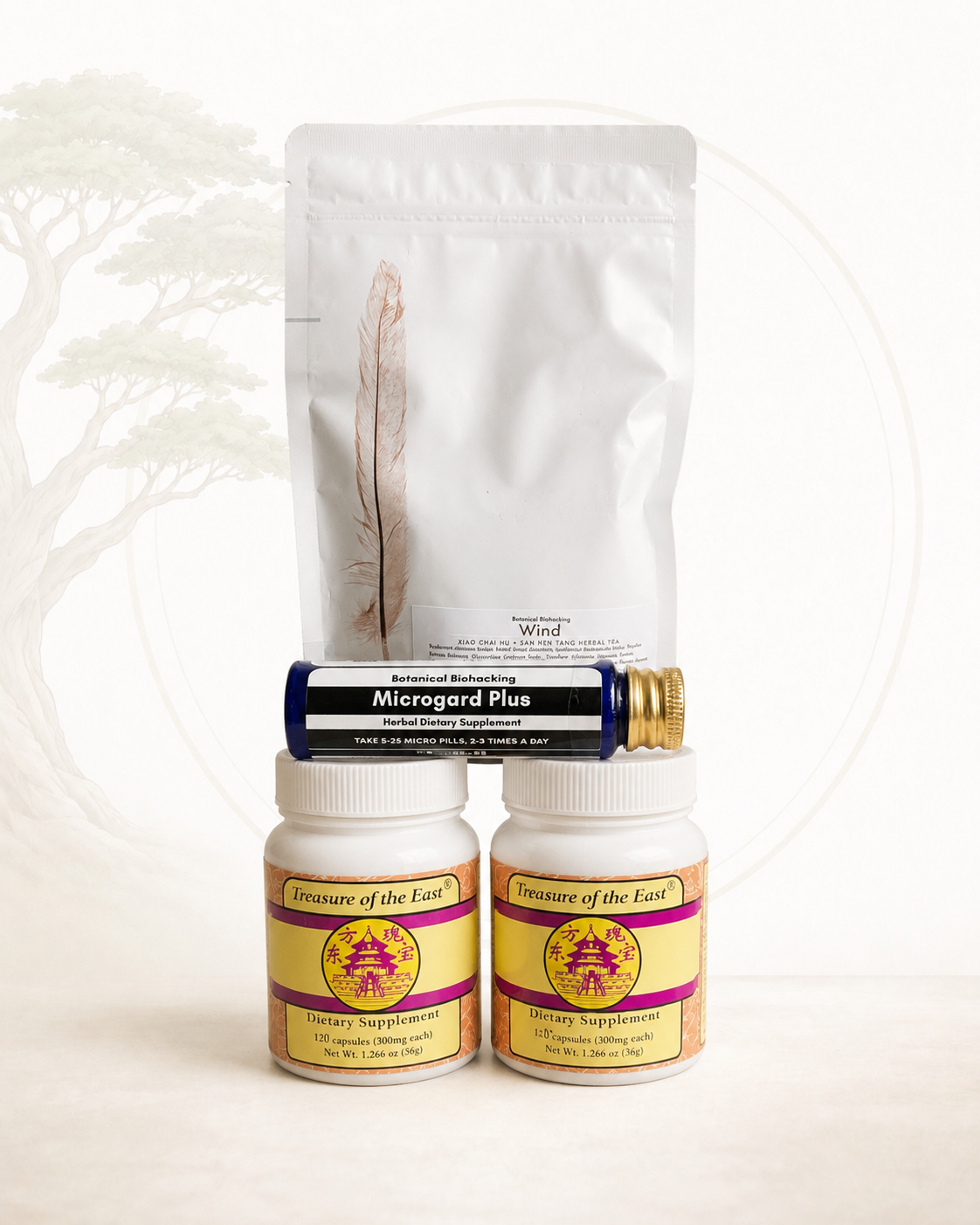 Collection of natural health products including a pouch, bottles, and a tube on a white background