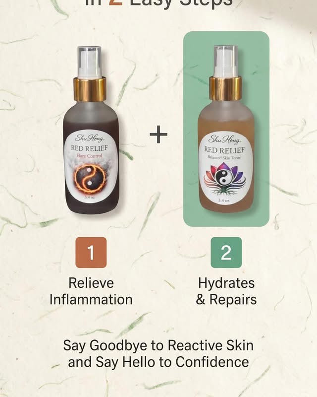 Two bottles of Red Relief skin care product with step-by-step instructions on a light background.
