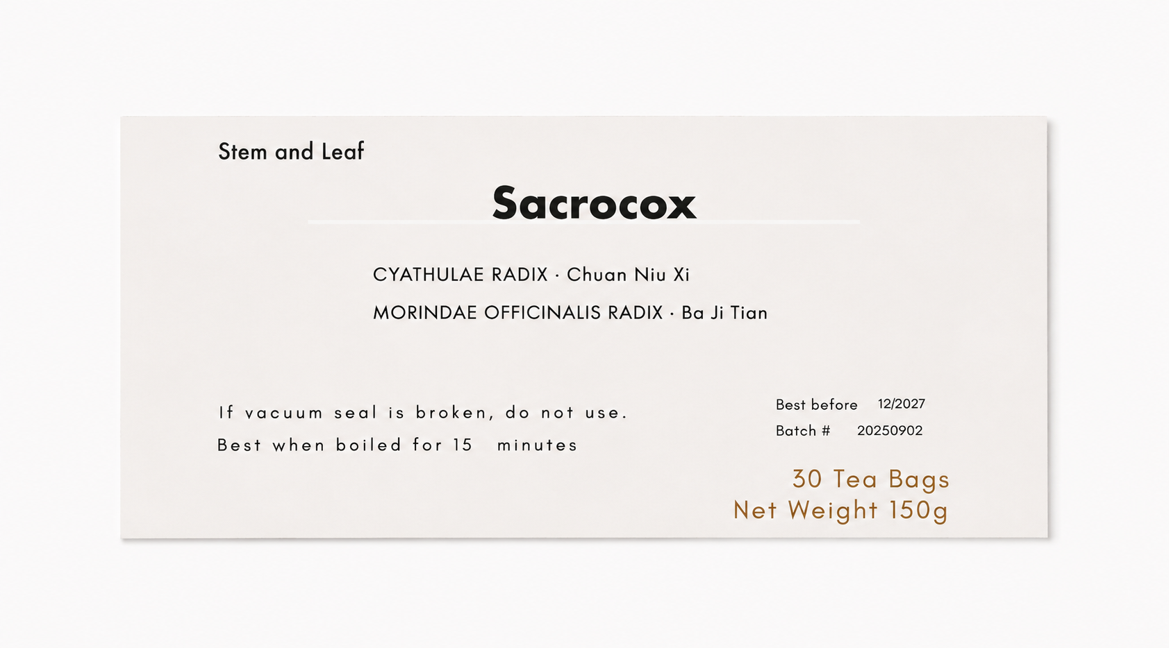 Close-up of the Sacrocox (Cyathulae Radix formula) herbal tea product label from Crawford Wellness, showing ingredients and brewing instructions on a light background.