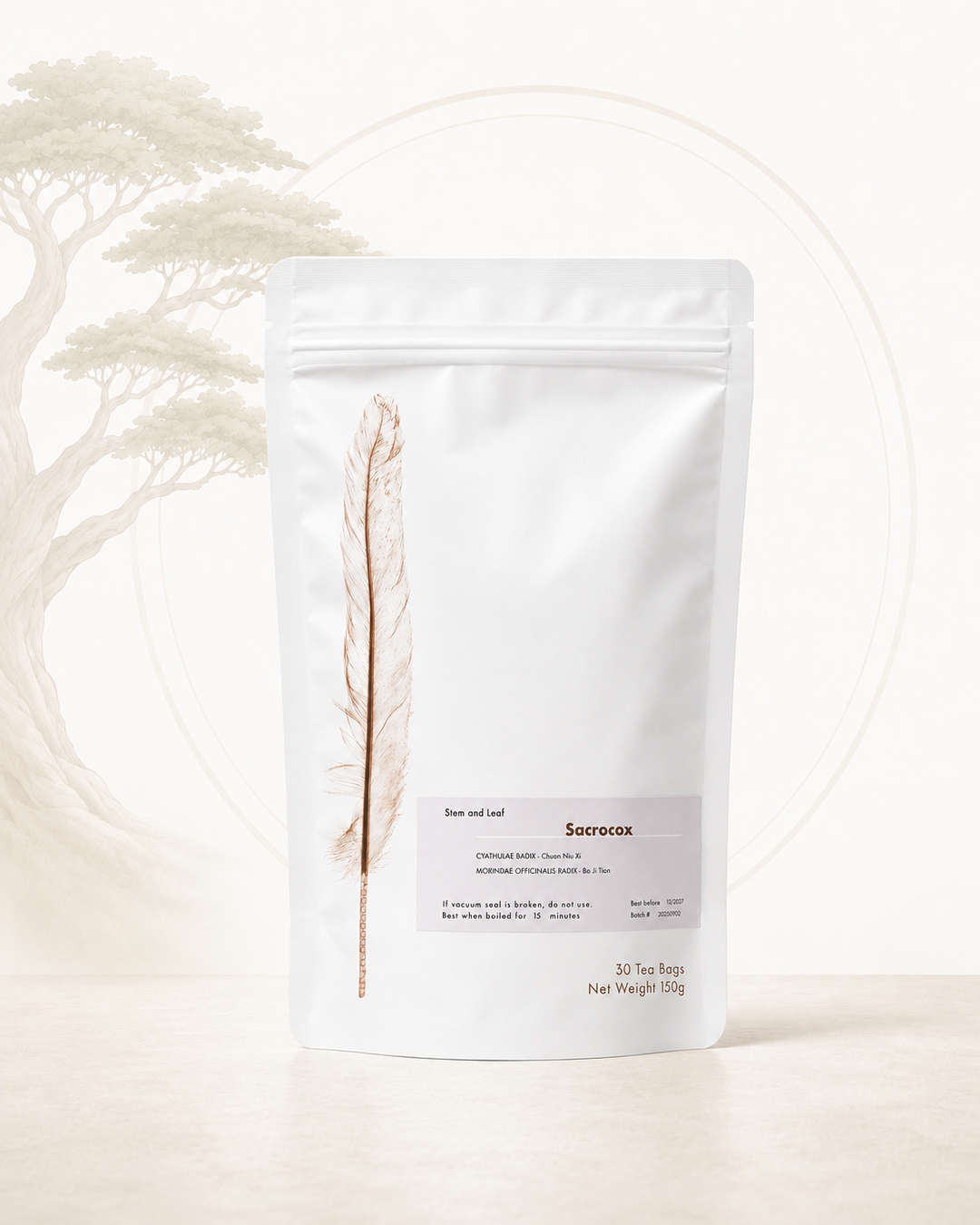 Sacrocox herbal tea (Cyathulae Radix formula) from Crawford Wellness, with a white label, in a white stand-up pouch on a sage green background.