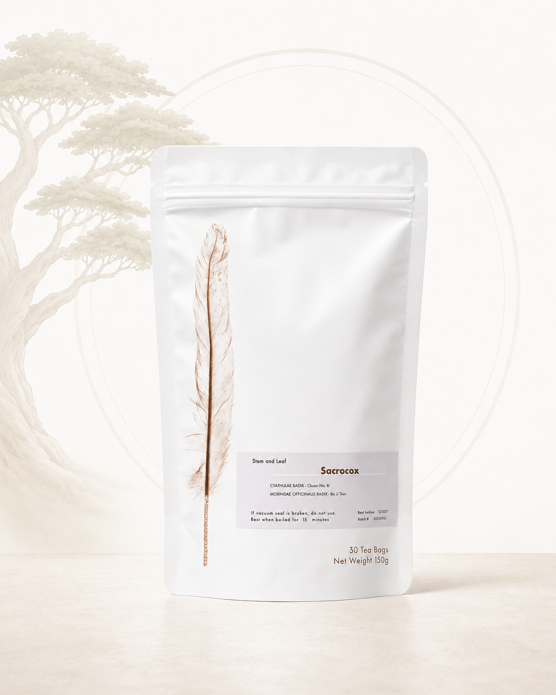 Sacrocox herbal tea (Cyathulae Radix formula) from Crawford Wellness, with a white label, in a white stand-up pouch on a sage green background.
