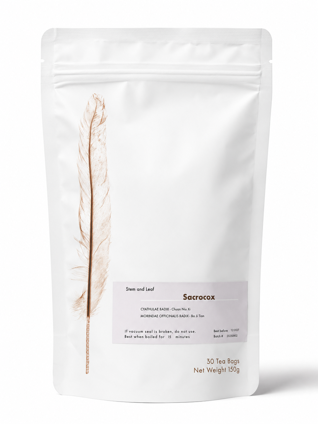 Sacrocox herbal tea (Cyathulae Radix formula) from Crawford Wellness, with a white label, in a white stand-up pouch on a plain white background.