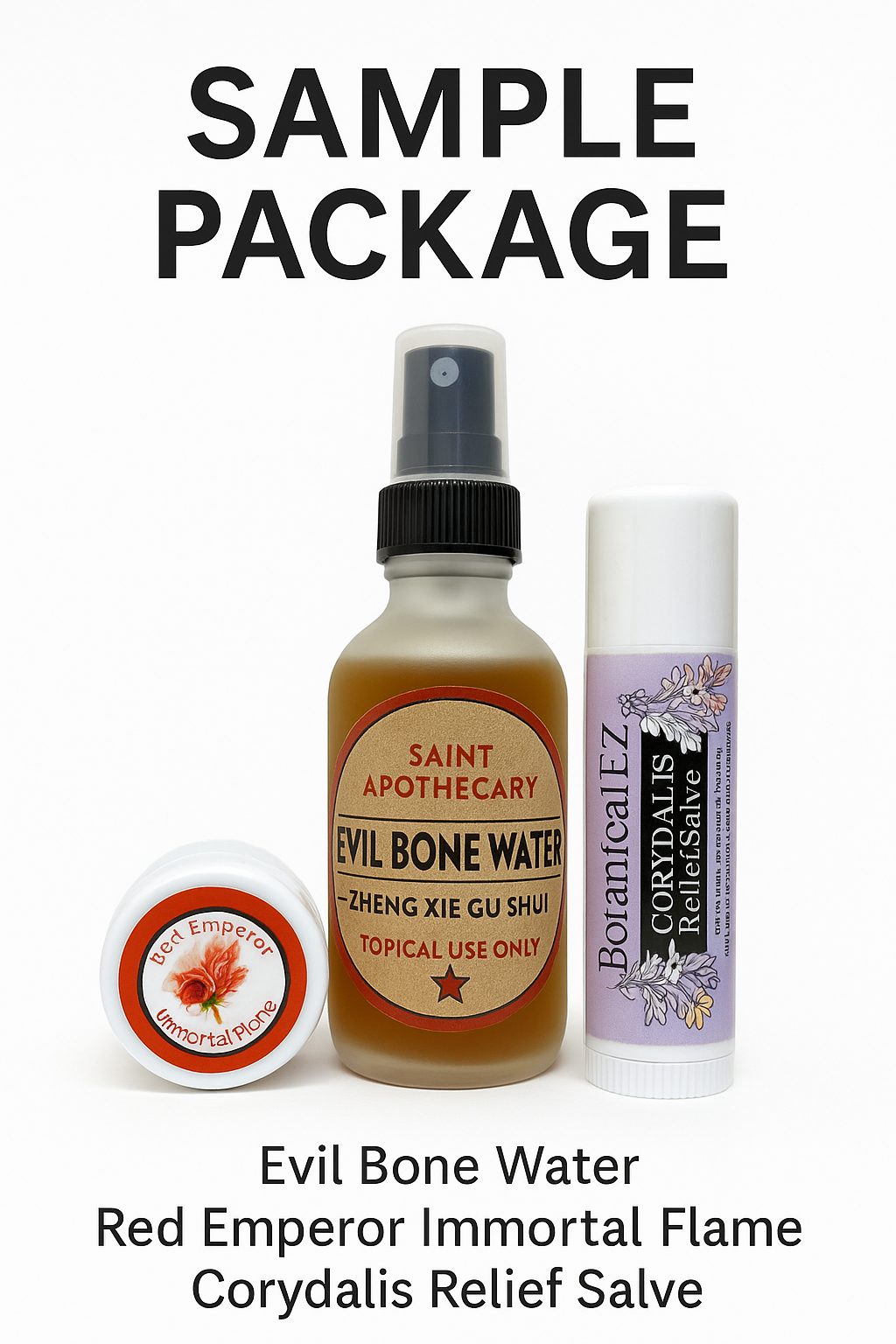 Collection of herbal products including 'Evil Bone Water' and 'Corydalis Relief Salve' on a white background.