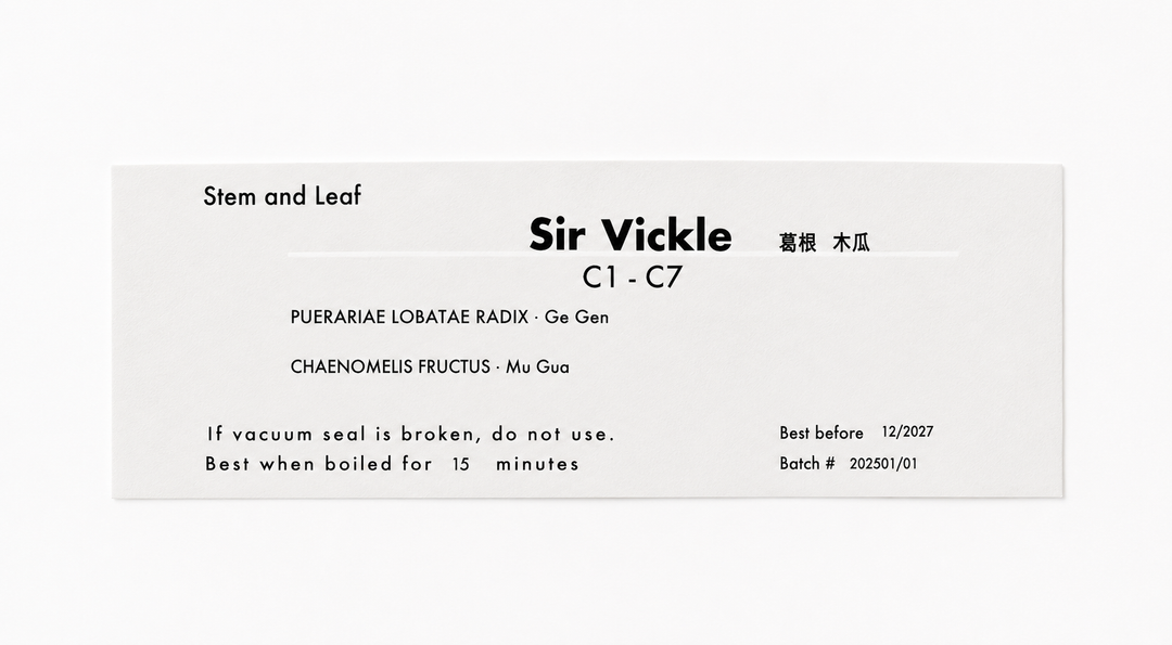 Close-up of the Sir Vickle (C1-C7) herbal tea product label from Crawford Wellness, showing ingredients and brewing instructions on a light background.